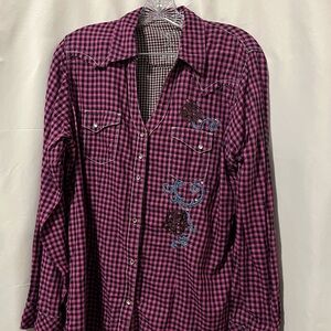 Wrangler Purple Checkered Shirt with Embroidery.  Cowboy Core.